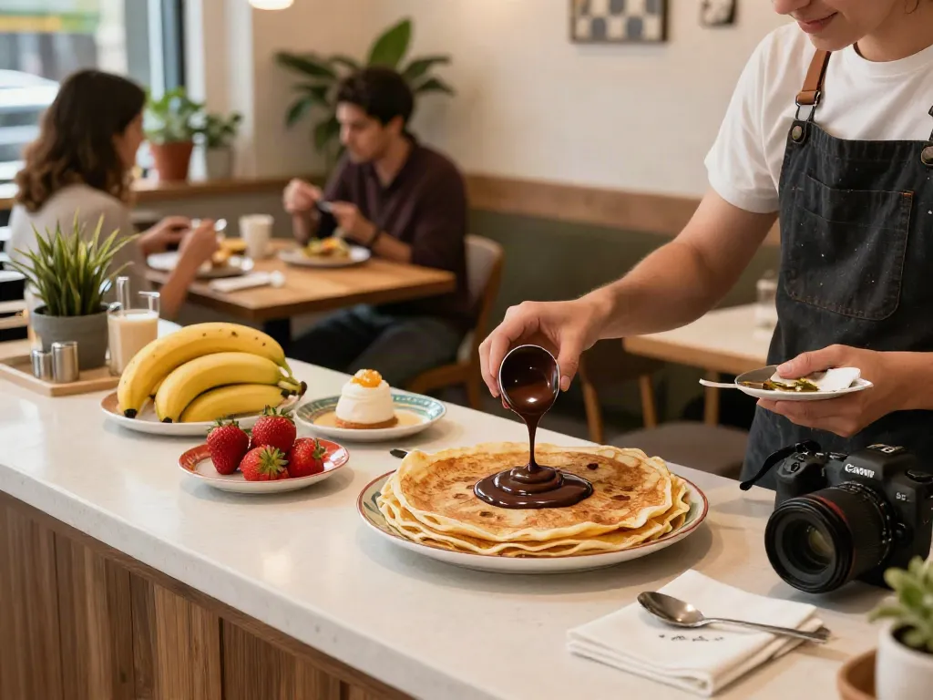 Delicious dark chocolate crepes being prepared at https://dcrepes.org in a cozy café atmosphere.