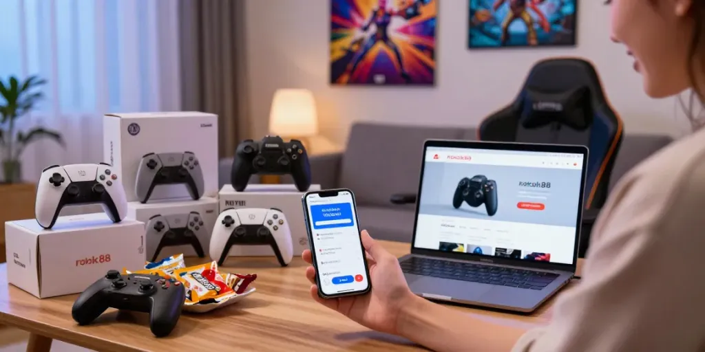 Customer using rokok88 login on smartphone while shopping for gaming consoles in cozy living room.