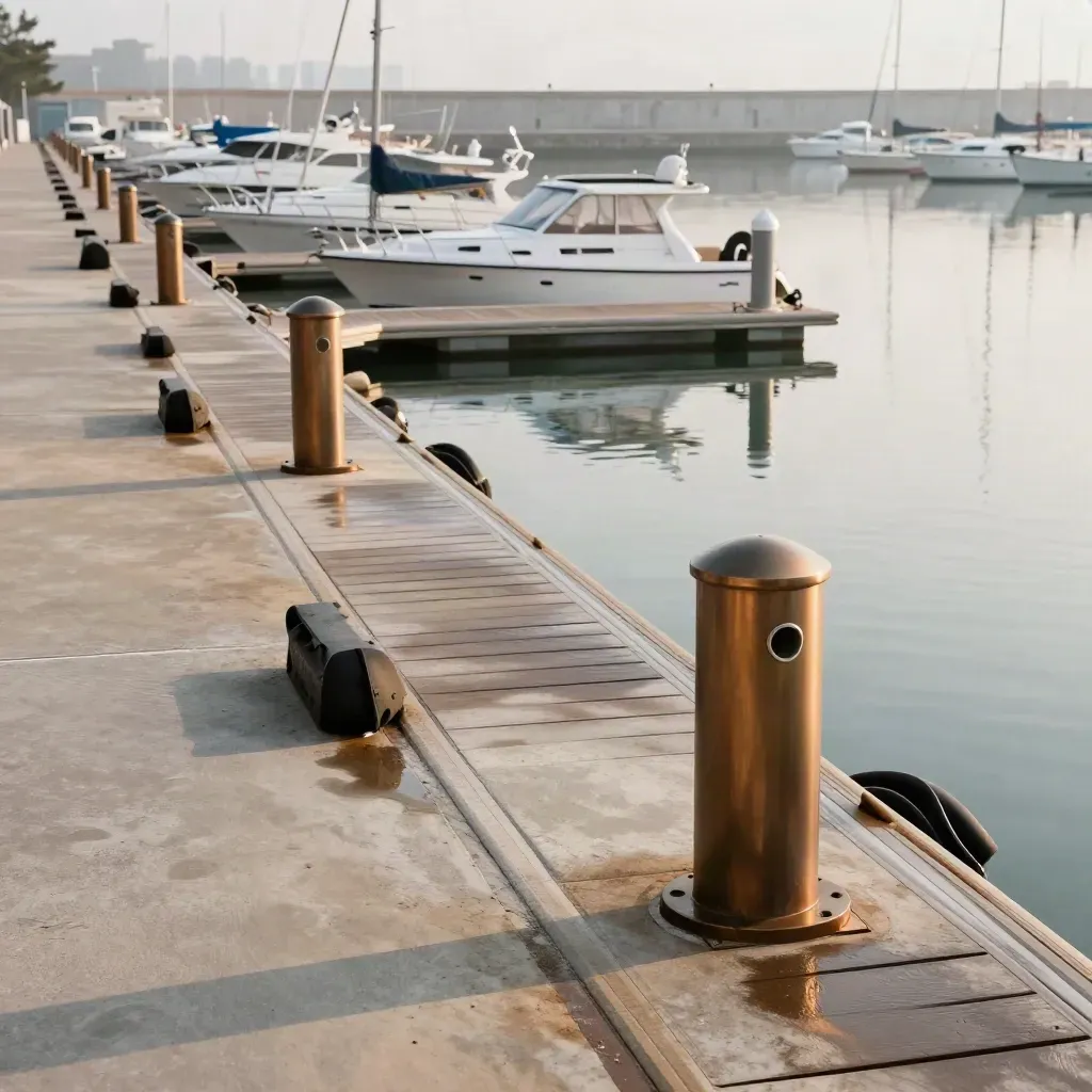Orderly marina pier with berths, dock pedestals, mooring rings and white hull reflections.