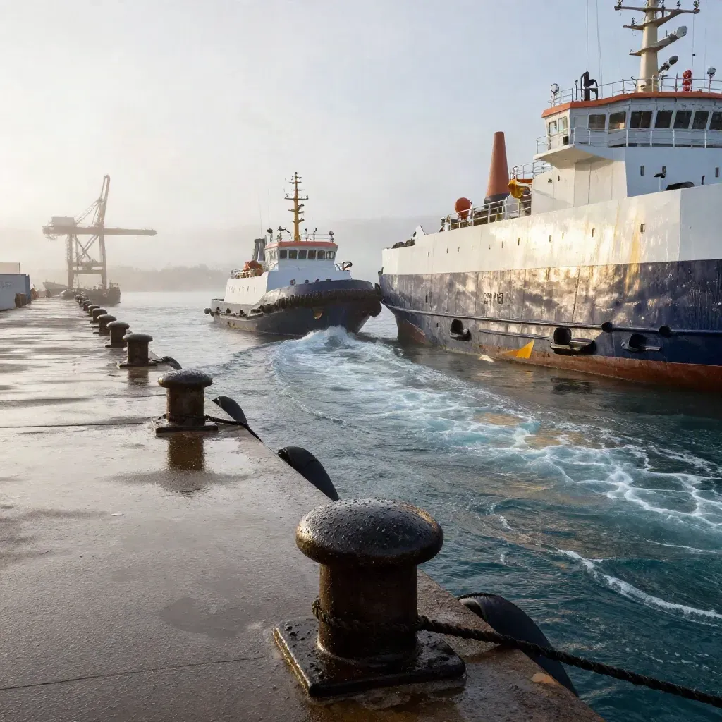 Rain-washed harbor berth at dawn with tug wake, moored vessel, and cranes in mist.