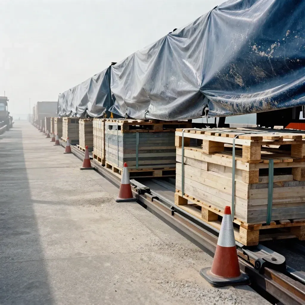 Empty cargo transfer lane beside quay crane rails, pallets, cones and mist at a port apron.