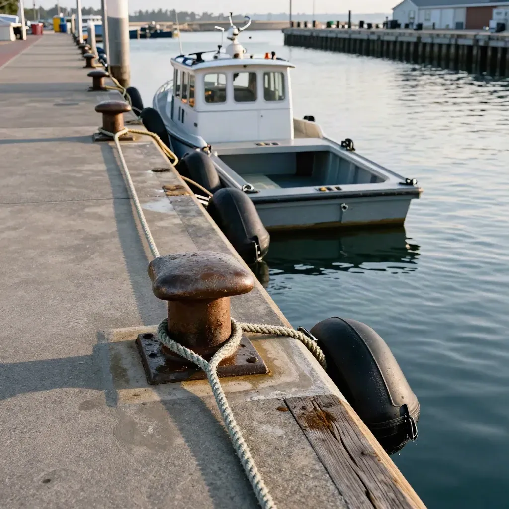 Quiet quay with fresh fenders, taut mooring lines, and a service launch beside an open berth