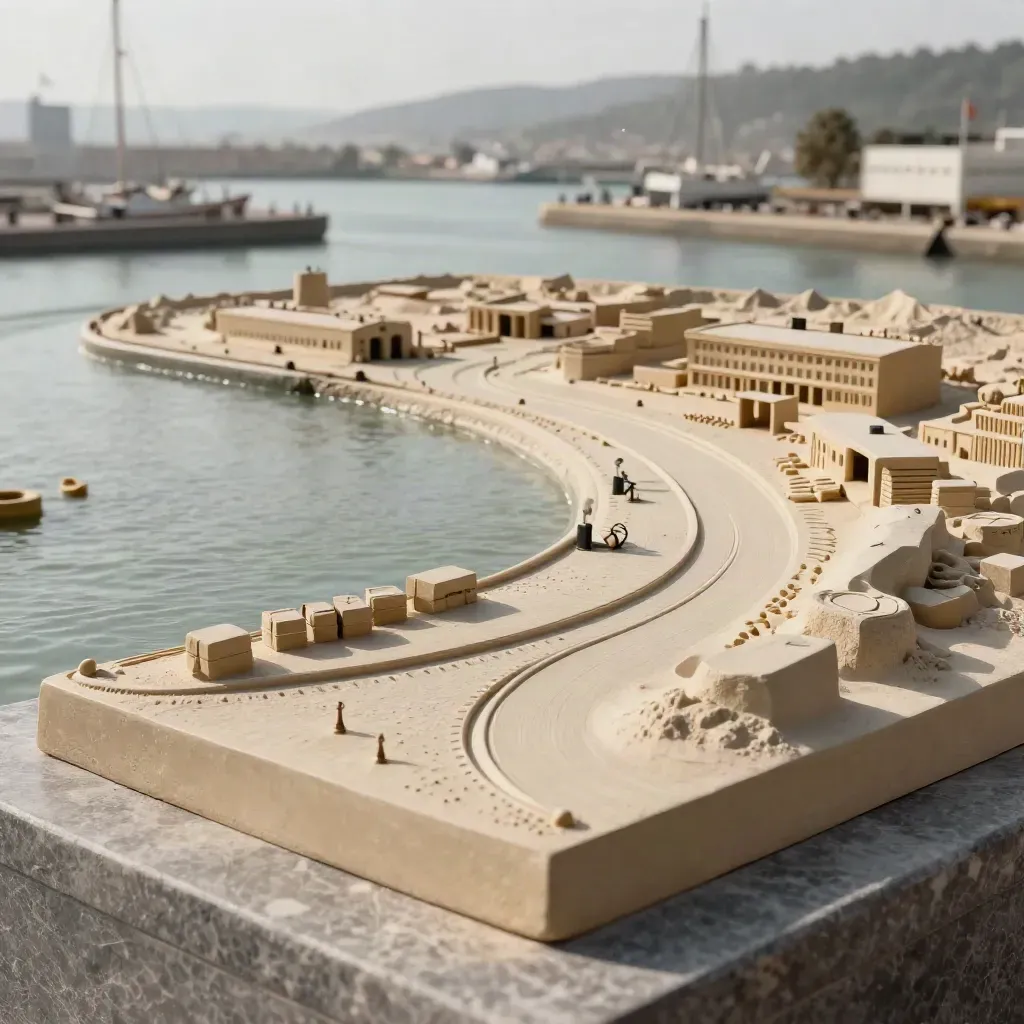 Pale sand port relief model with quay corners, breakwaters and buoy markers under soft daylight.