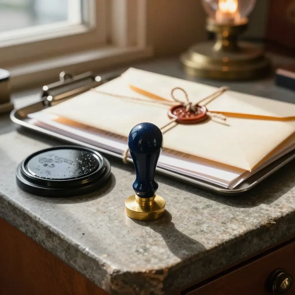 Brass customs stamp beside a sealed envelope, twine, and ink pad on a stone desk.