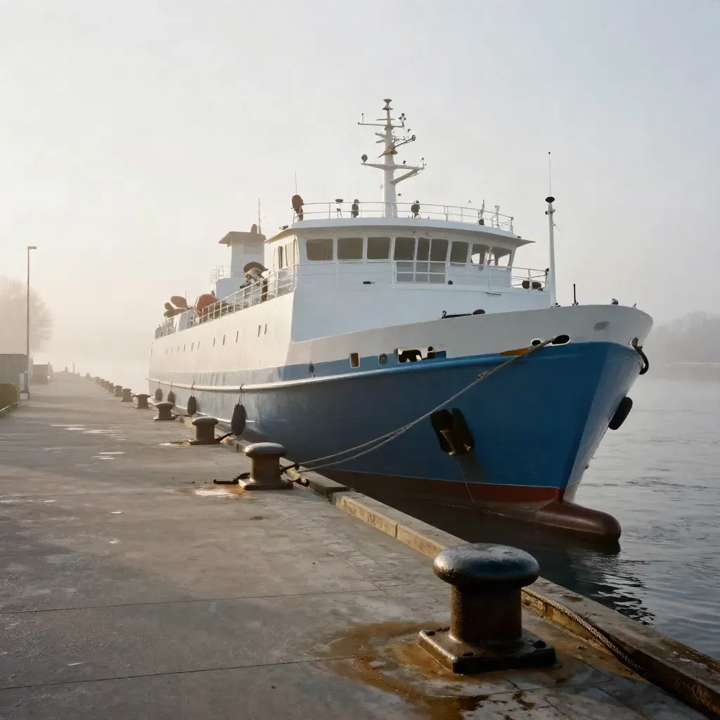 Hamburg feeder berth at dawn, a short-sea vessel settled against a quay wall in river mist.
