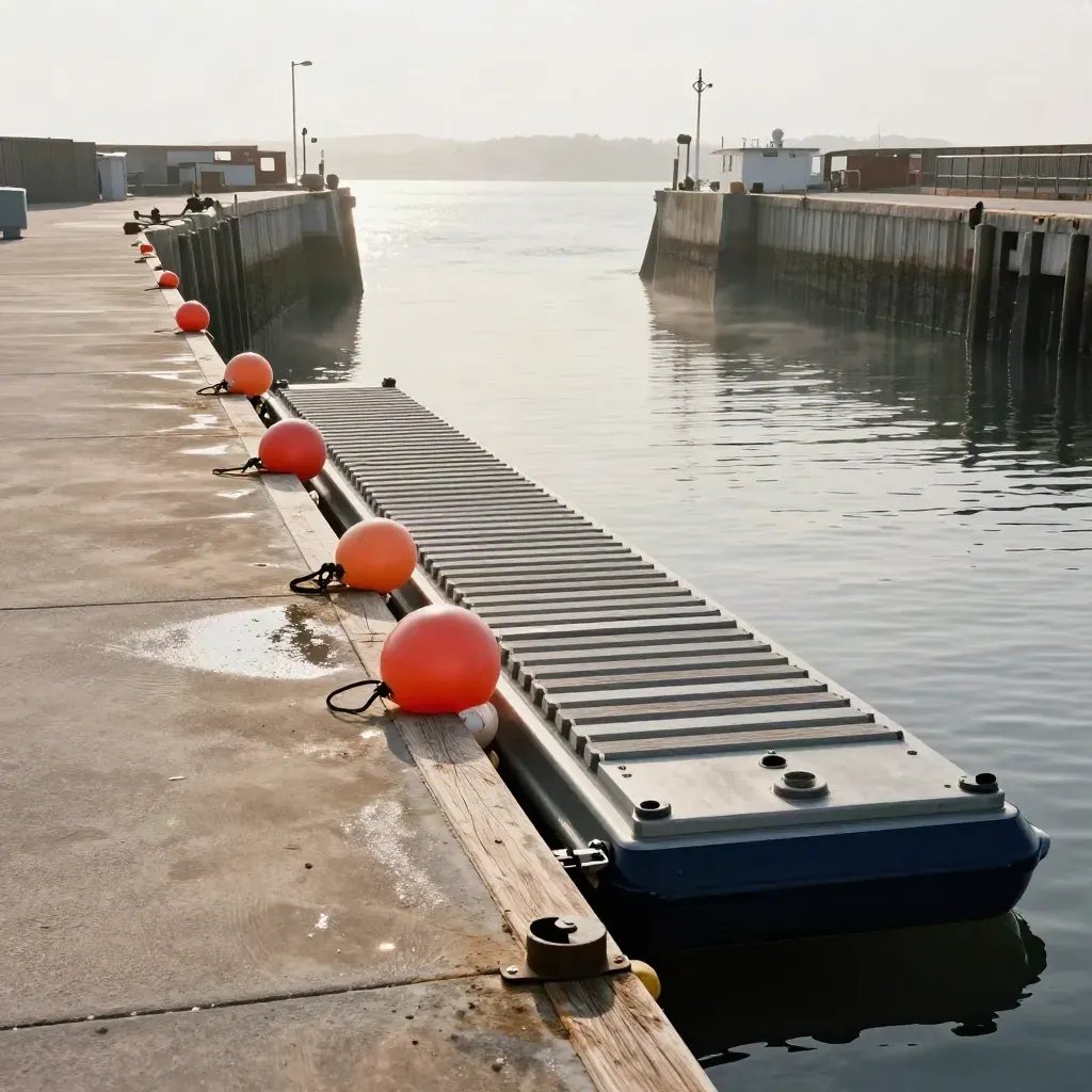 Fishing harbor entrance with buoys, fuel pontoon, and ordered finger piers in morning haze.