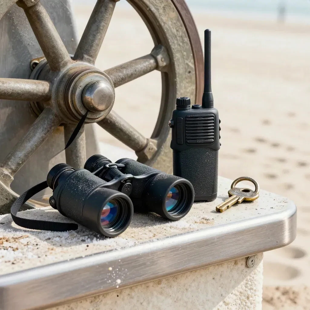 Macro harbor ops kit on a salt-worn ledge: tide wheel, binocular strap, handset cradle, weathered keys.