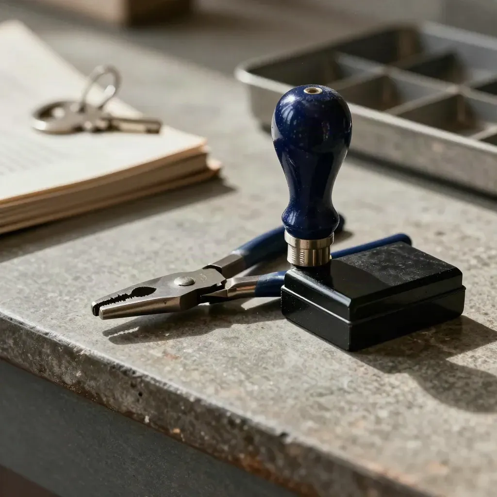 Customs seal pliers, ink block, clip, and token tray on stone under dramatic studio light.