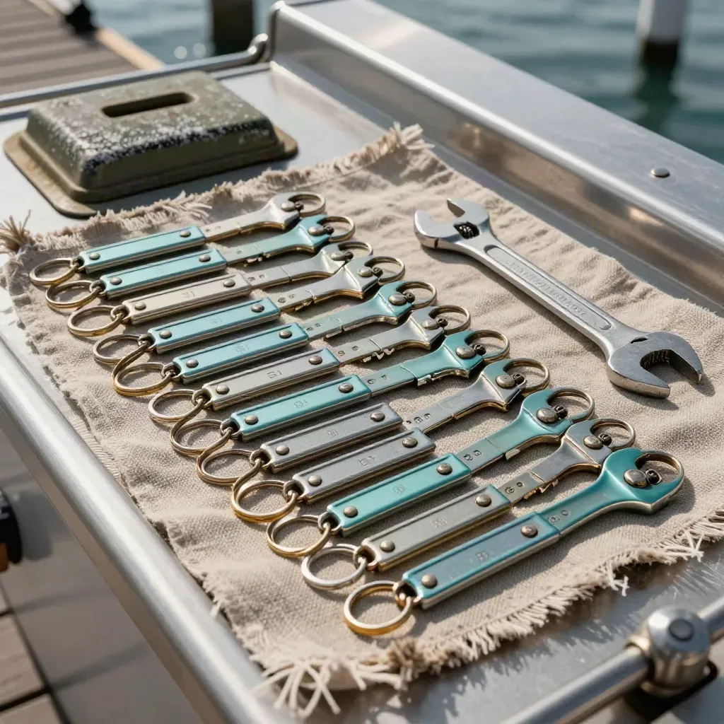 Marina key board, anodized fobs, dock pedestal cover and service wrench on linen.