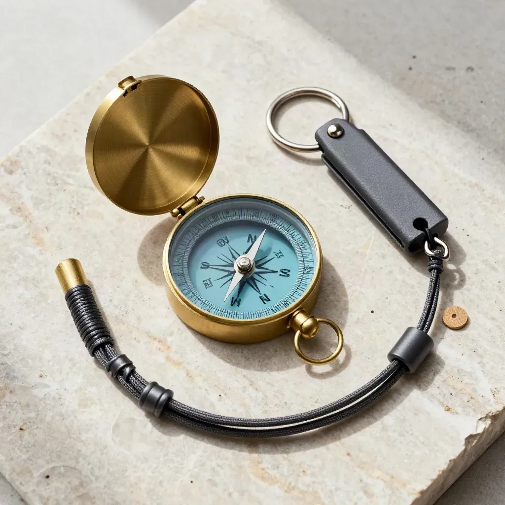 Overhead flatlay of compass, key fob, dock tokens and coiled cord on pale limestone.
