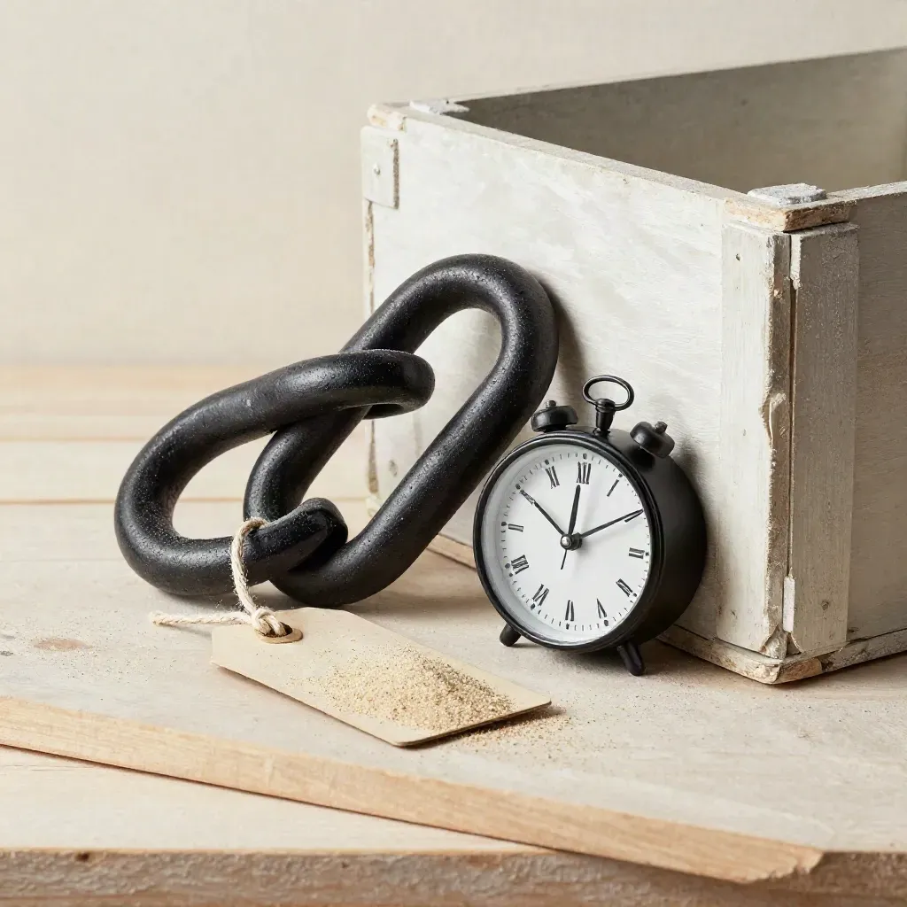 Heavy mooring shackle, sealed cargo tag, and tide clock beside a crate corner on pale wood.
