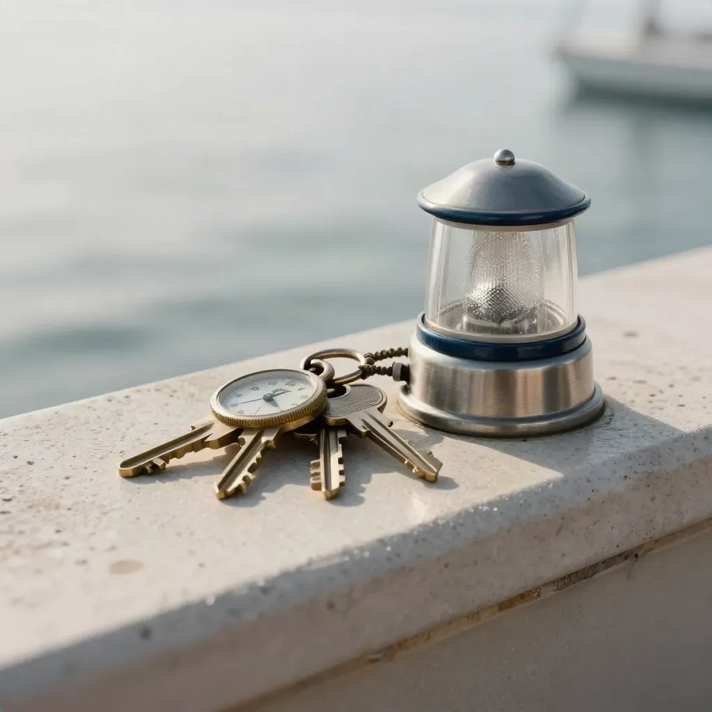 Key ring, tide watch, and signal lamp on a pale marina ledge in soft sea mist.