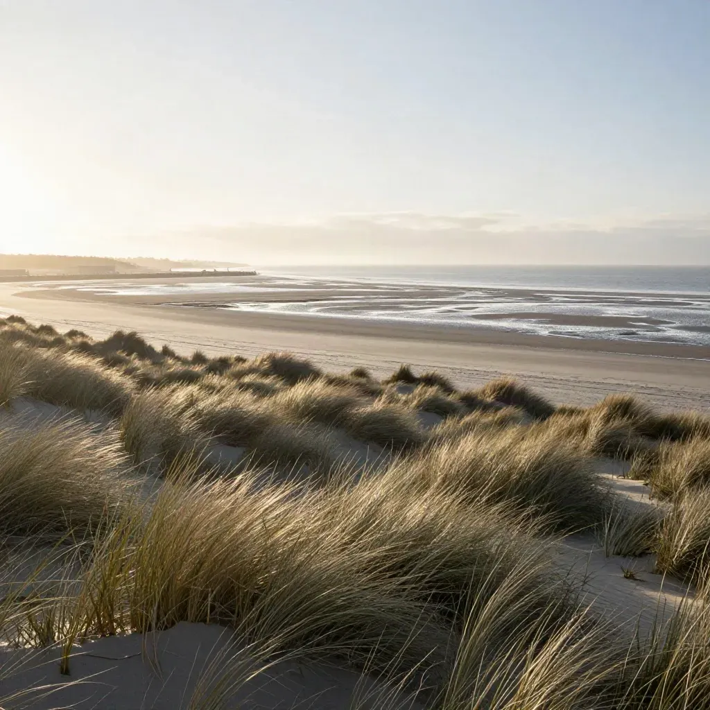 Sunrise North Sea coast with dune grass, tidal flats, mist, and distant harbor line