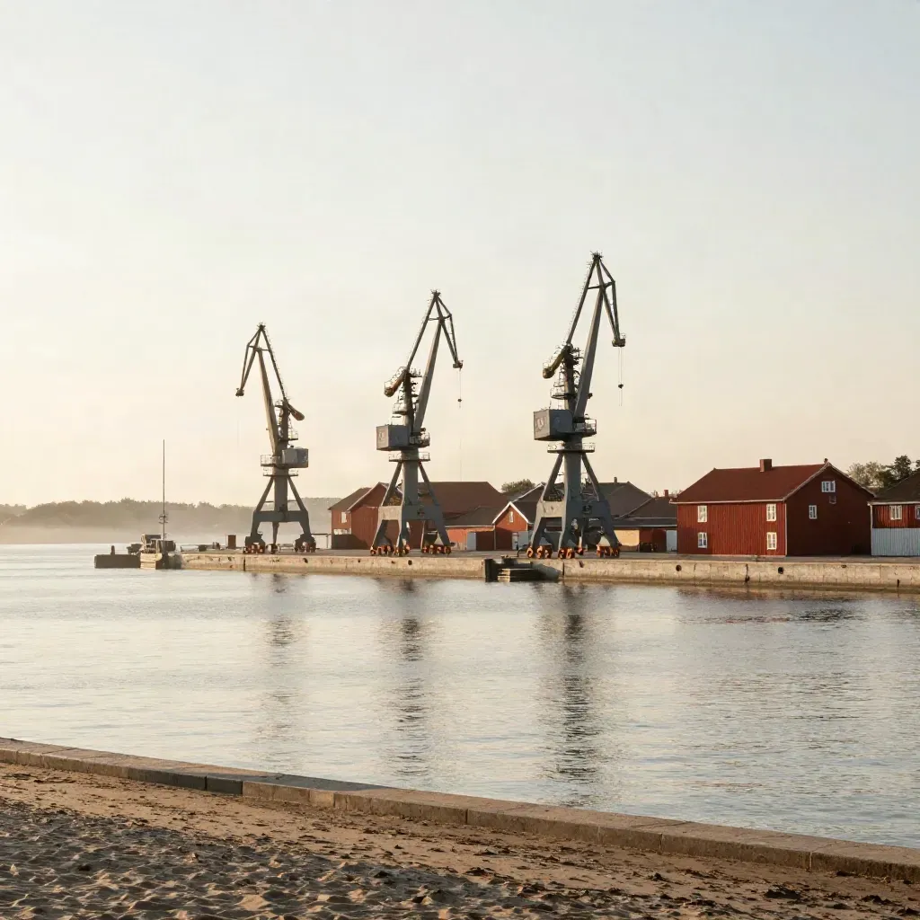 Baltic Sea port cranes above a calm inlet with red-roofed dock buildings in amber haze