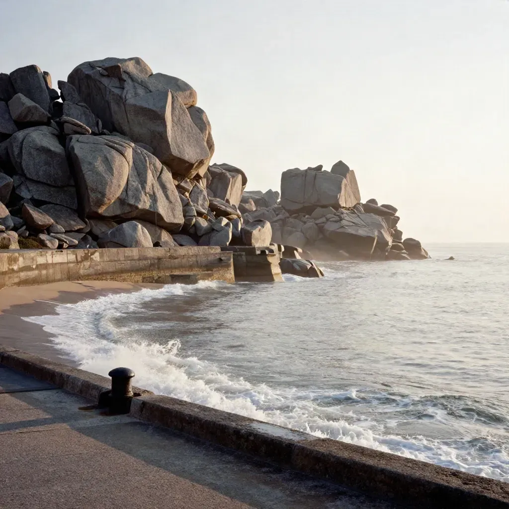 Granite cliffs, quay wall, and surf above a misty harbor mouth at sunset