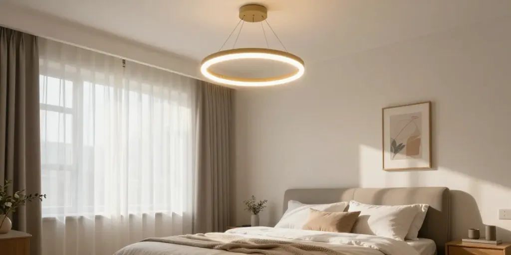Lustra dormitor modernă pentru iluminat eficient și estetic în servicii locale de design interior.